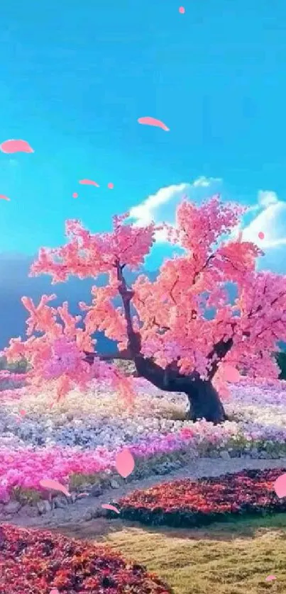 Vibrant cherry blossom tree with blue sky and floral landscape.