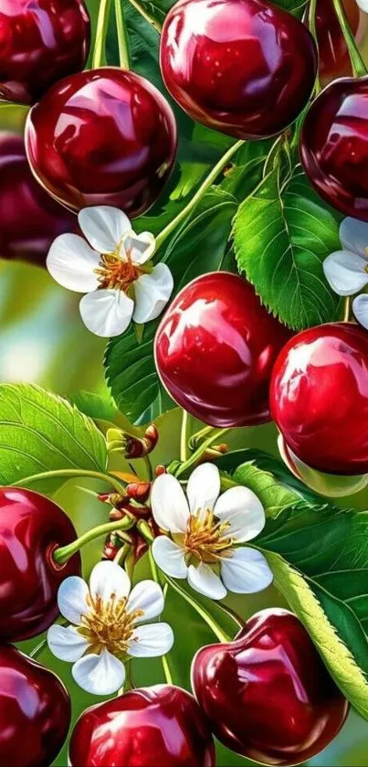 Red cherries and white flowers on green leaves wallpaper.
