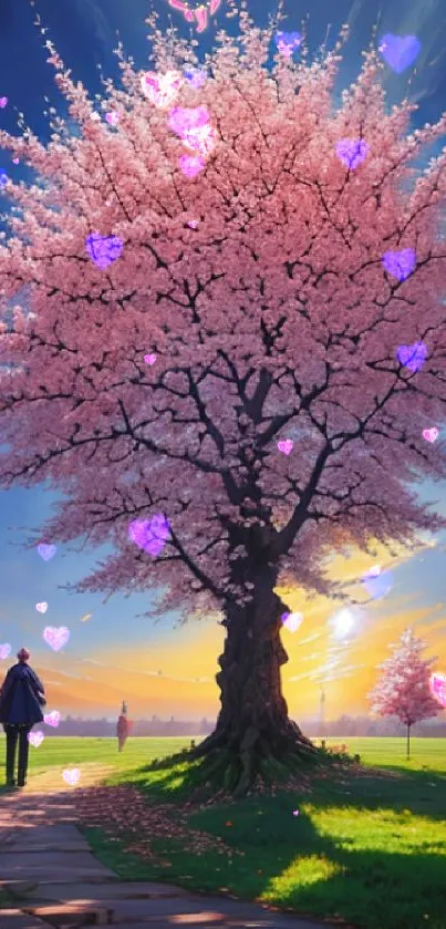 Cherry blossom tree at sunset with vibrant pink hues in scenic landscape.