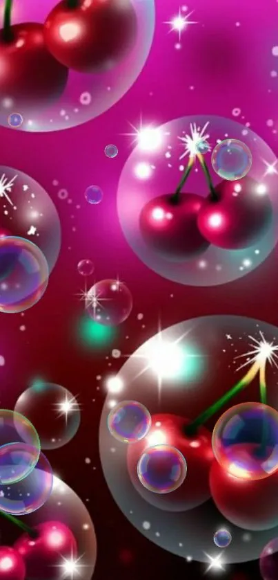 Mobile wallpaper with vibrant cherries in sparkling bubbles on a pink background.