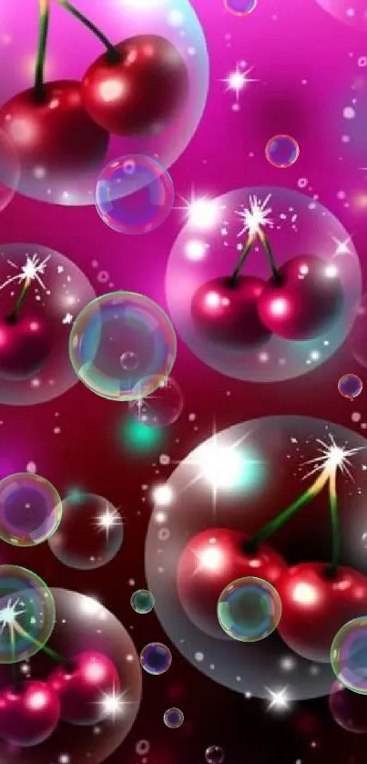 Cherry-themed mobile wallpaper with bubbles and sparkles.