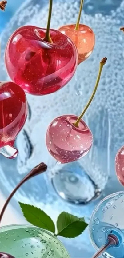 Vibrant 3D cherries with bubbles on blue background.