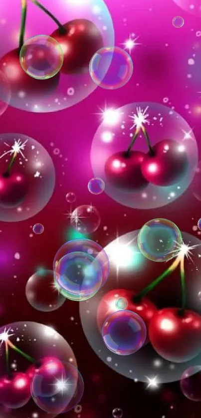 Vibrant cherries and bubbles wallpaper, magenta background.