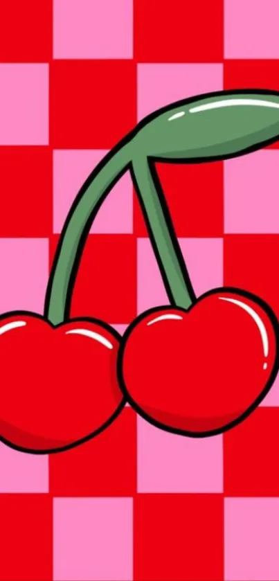 Cartoon cherries on red and pink checker background.