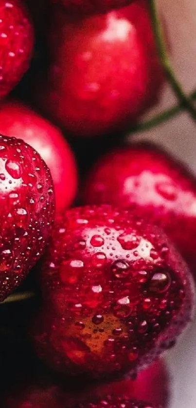 Close-up of vibrant red cherries with water droplets.