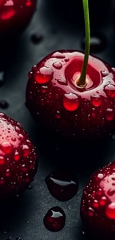 Close-up of water-dropped red cherries on dark background.