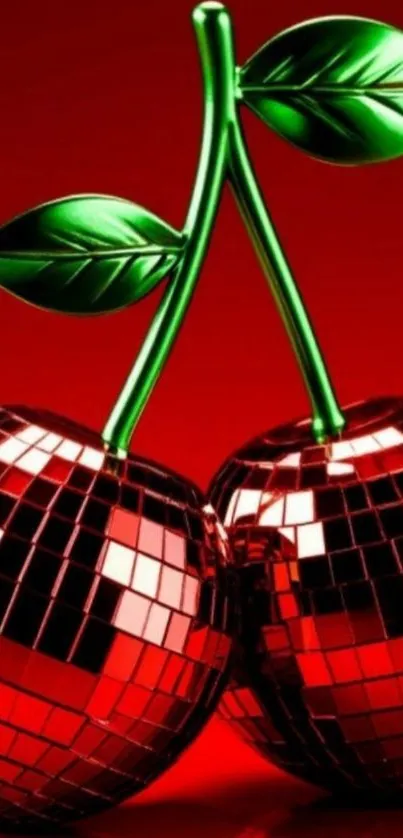 Vibrant red disco cherry wallpaper with green leaves.