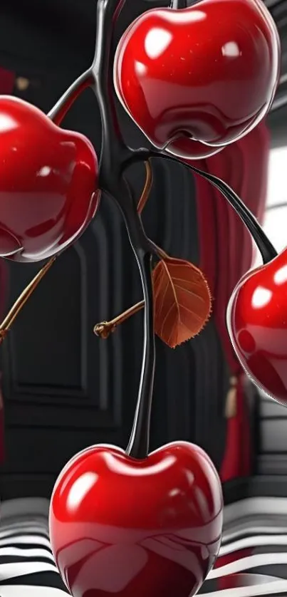 Luxurious red cherries mobile wallpaper with artistic design.
