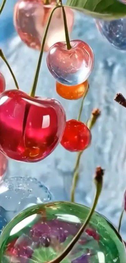 Vibrant glass cherries in vivid colors against a blue background.