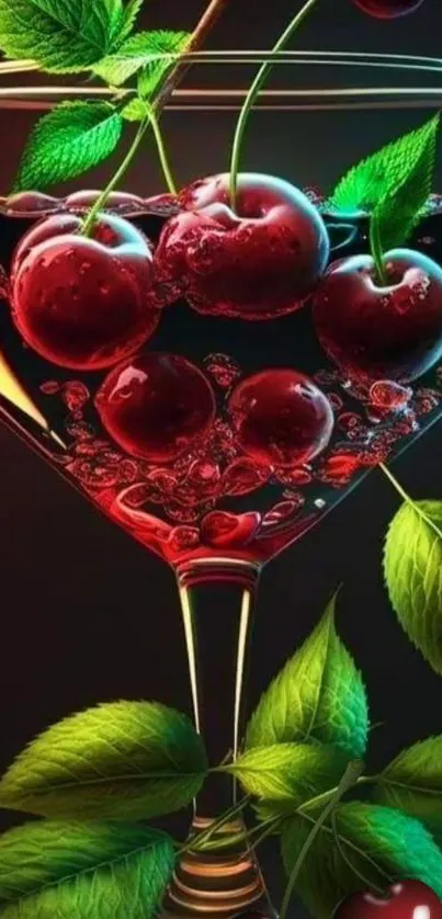 Cherries submerged in glass with vibrant leaves and colors.