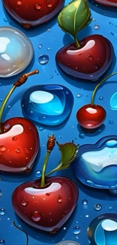 Vibrant cherries and hearts mobile wallpaper on blue background.