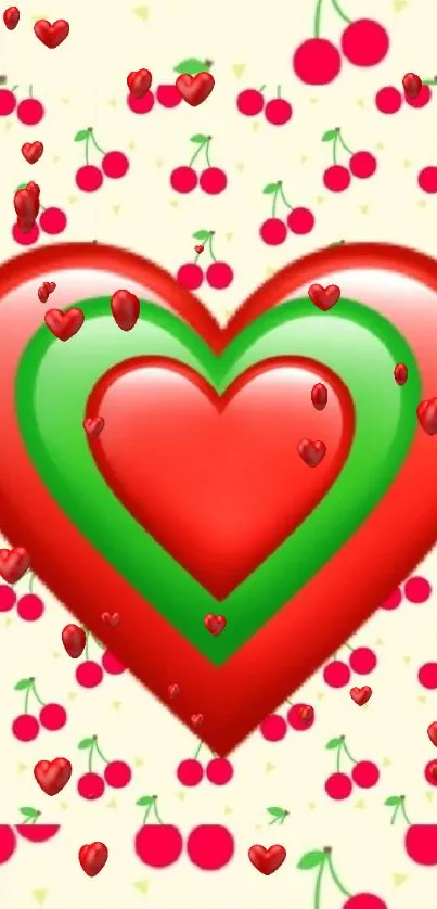 Vibrant red and green heart with cherries background.