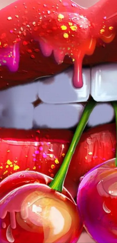 Artistic wallpaper of glossy lips and cherries with vibrant colors.