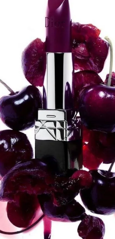 Dark magenta lipstick with cherries mobile wallpaper.