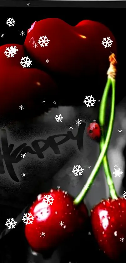 Cherry-themed mobile wallpaper with red hues and snowflakes.