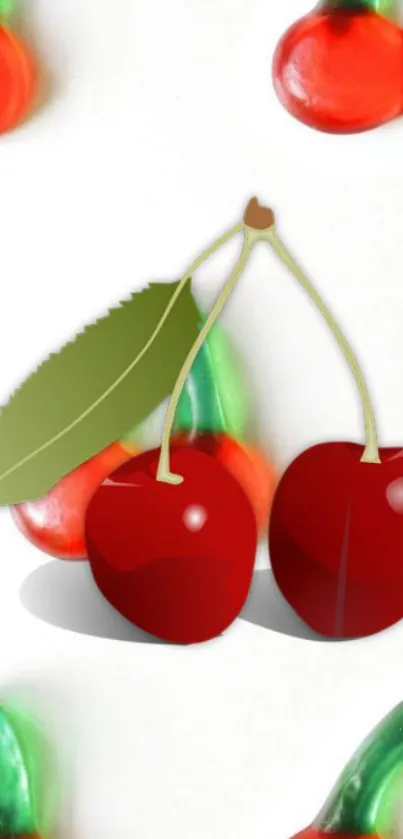 Bold red cherries with green leaf on a white background.