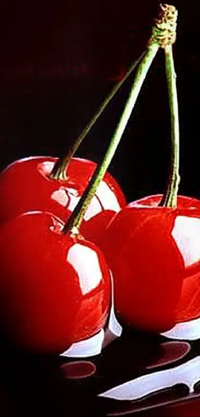 Vibrant red cherries on a glossy black surface.