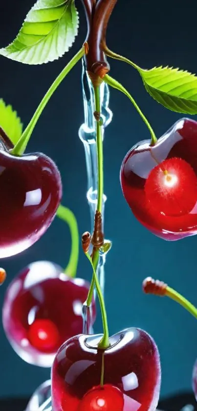 Close-up of vibrant ripe cherries on a branch with green leaves.