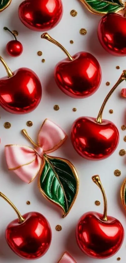 Red cherries with green leaves on wallpaper