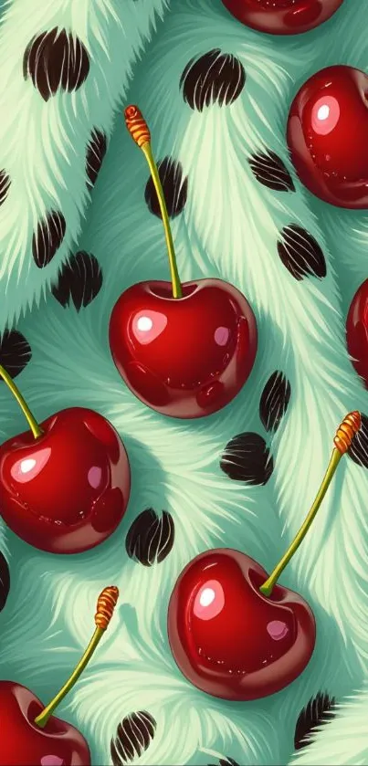 Vibrant red cherries on teal feather background.
