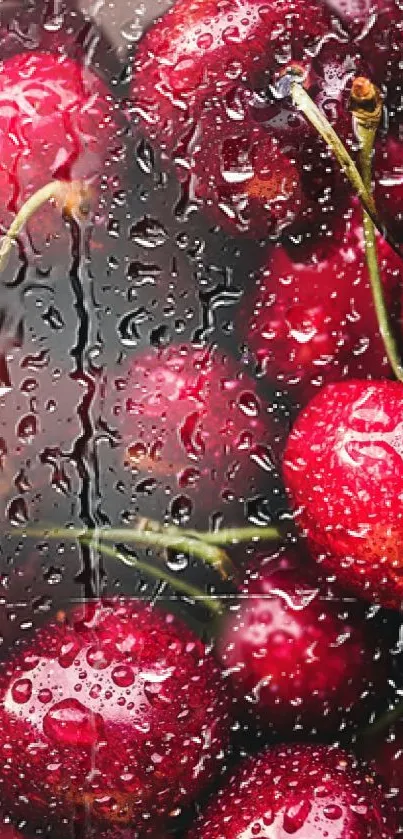 Vibrant cherries with water droplets as a phone wallpaper.