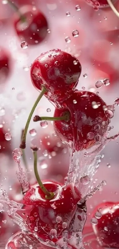 Red cherries splashing in water with vibrant and refreshing detail.