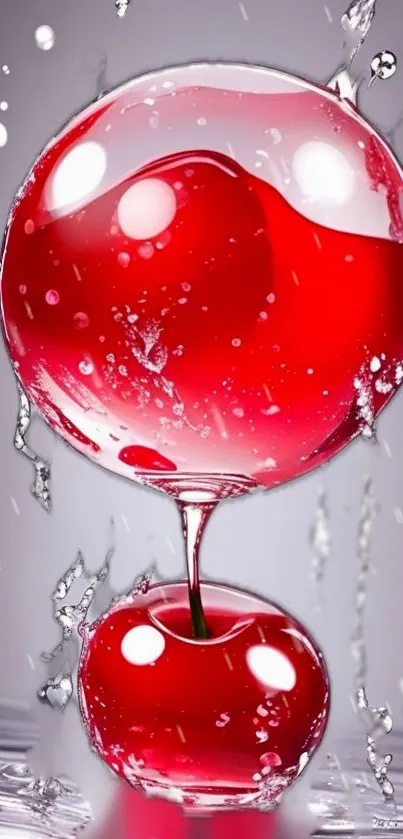 Glossy red cherry with water splash effect on phone wallpaper.