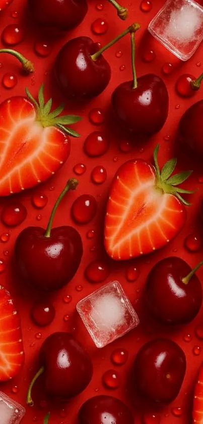 Cherries and strawberries with ice on a red background.