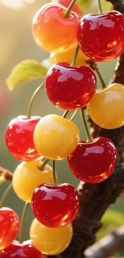 Ripe red and yellow cherries on a tree branch.