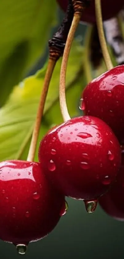 Close-up of cherries with dew and green leaves.