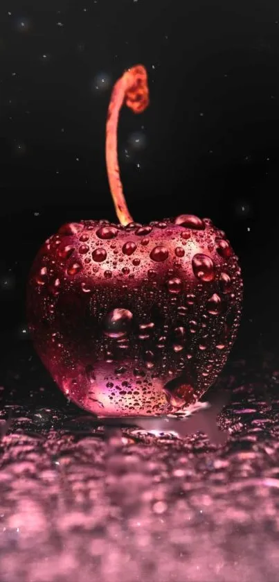 Cherry with water droplets on dark background.