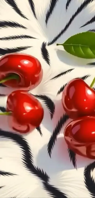 Cherries with zebra pattern wallpaper, vibrant and stylish.
