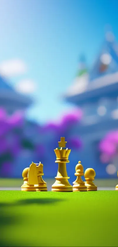 Colorful spring chess game with golden pieces on a lush green lawn.