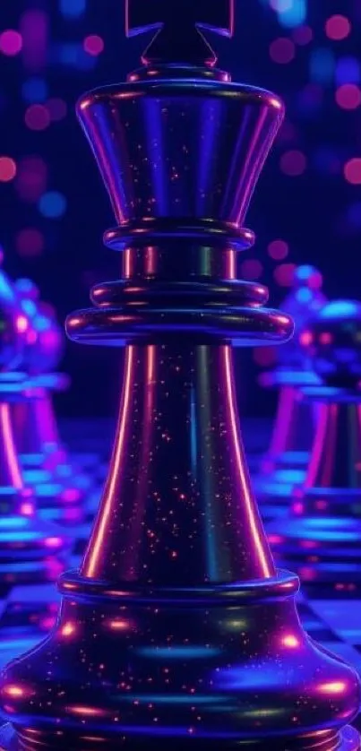A vibrant chess piece art in neon colors.