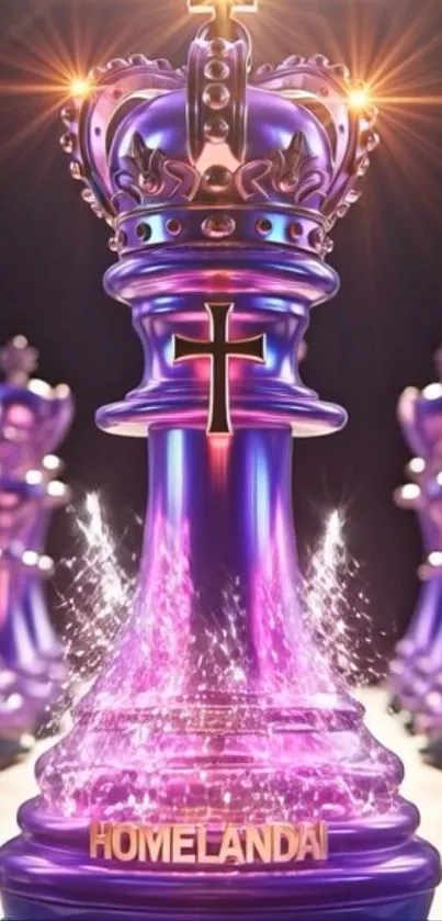 Purple glowing chess piece wallpaper with crown and vibrant light.