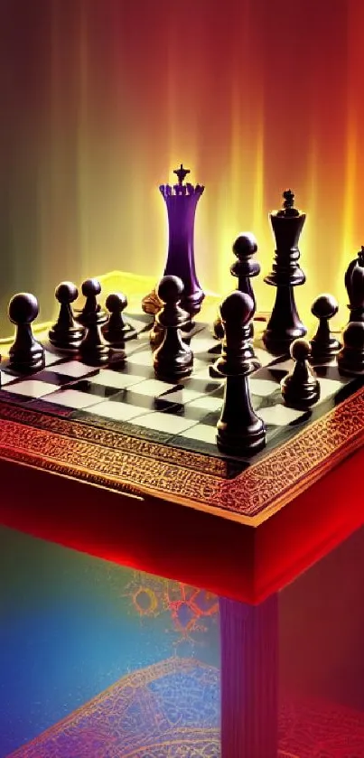 Vibrant chessboard with glowing pieces in abstract art style.