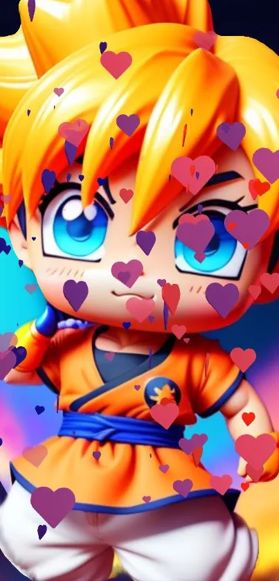 Chibi anime character with colorful hearts.