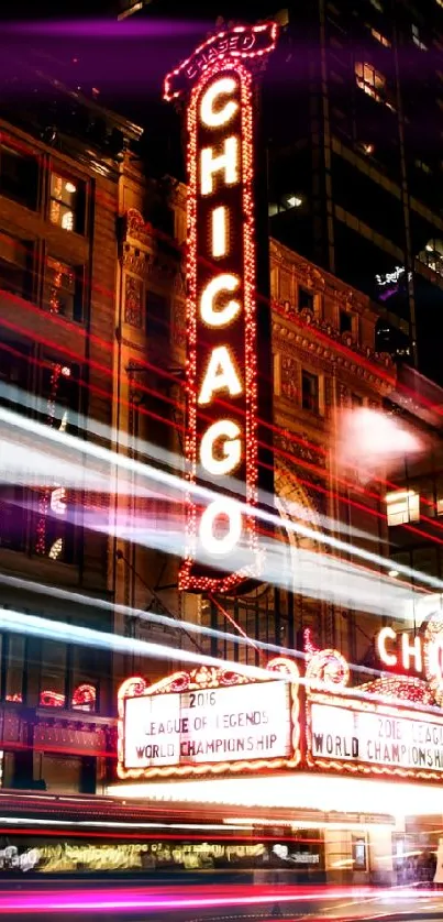 Chicago neon lights at night with vibrant cityscape.