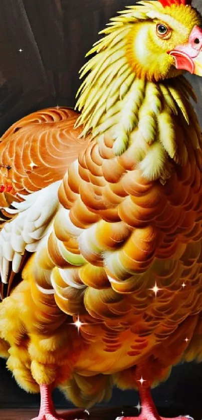 Artistic wallpaper of a vibrant chicken with detailed feathers on a dark background.