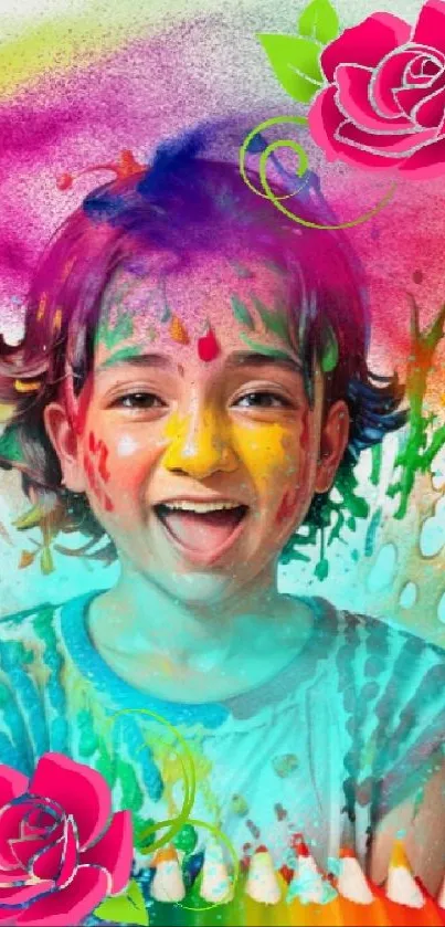 Joyful child with vibrant paint and decorative roses in colorful mobile wallpaper.