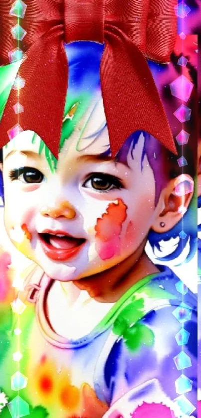 Colorful child with paint splashes and red bow wallpaper.