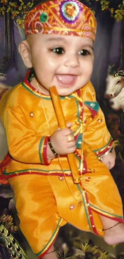 Adorable baby in orange traditional attire with festive background design.