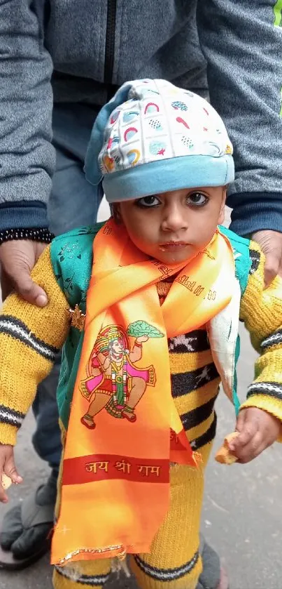 Child in vibrant orange attire with a blue hat.