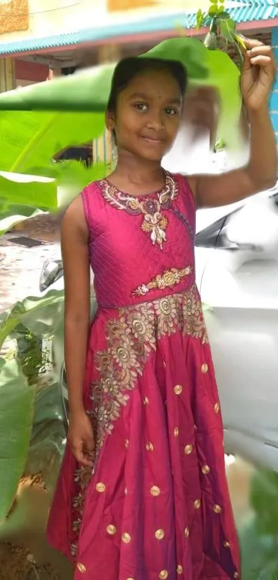 Girl in magenta dress with green leaves.