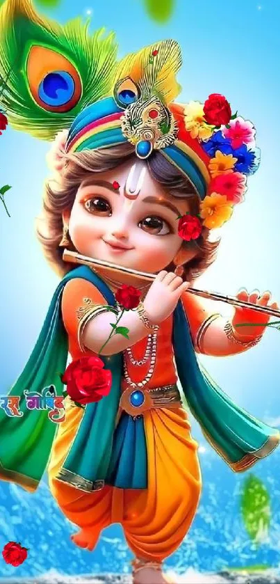 Colorful child Krishna with flute and flowers.