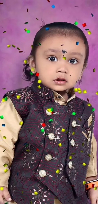 Child in festive attire with confetti on purple background.