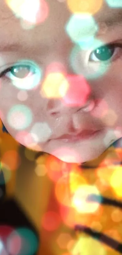 Child's face with vibrant bokeh effect in the background.