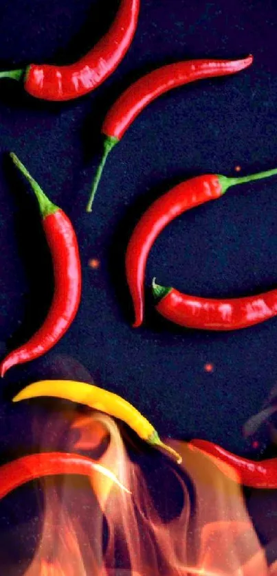 Red and yellow chili peppers on a dark background.