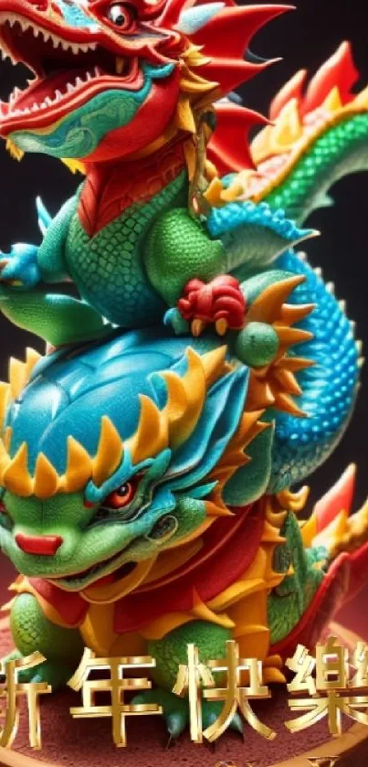 Vibrant Chinese dragon statue with New Year wishes.