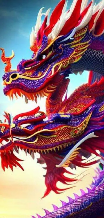 Vibrant red and purple Chinese dragon artwork with intricate details.